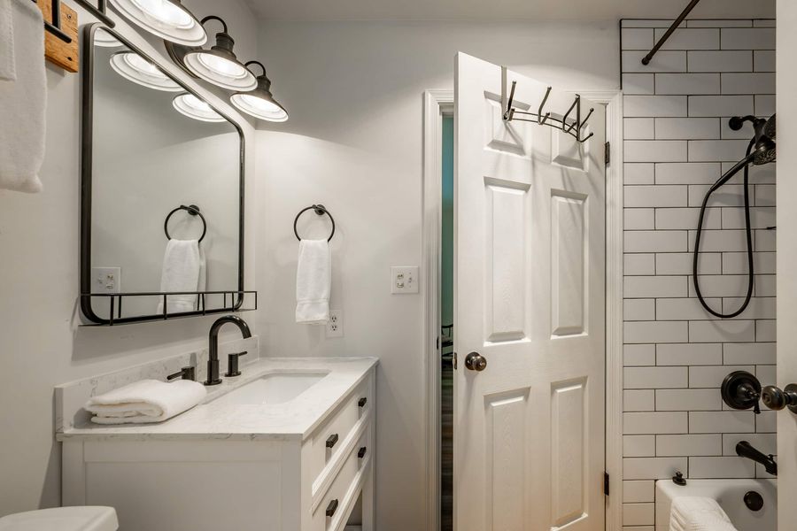 Bathroom with subway-tile shower