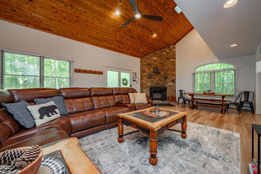 Great room with stone fireplace