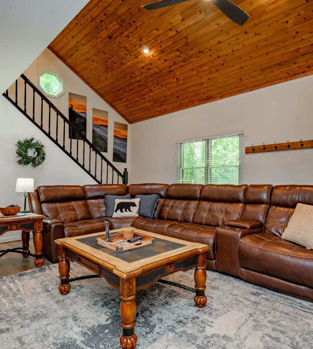 Living room with wood-burning fireplace